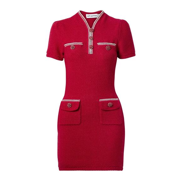 Self-Portrait Crystal Embellished Red Knit Mini Dress Size Small NWT